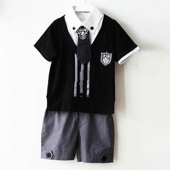 New BOYS TODDLER 3pc Elegant SHORTS TOP & TIE Set Set Black Gray White Sz 140 - Picture 1 of 6